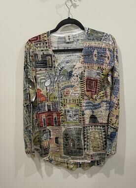 Inoah Art To Wear Women Oversized Artsy “Spa Day” Pattern Tunic Shirt Boho Sz S